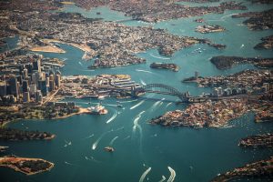 birdseye view of Sydney city and northern beaches 
